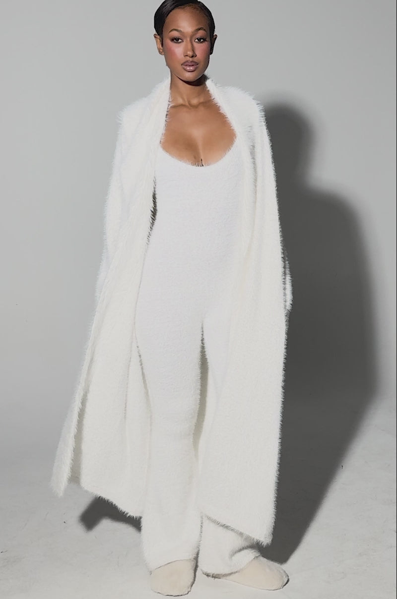 Video of person modeling the FUZZY KNIT SHAWL NECK CARDIGAN