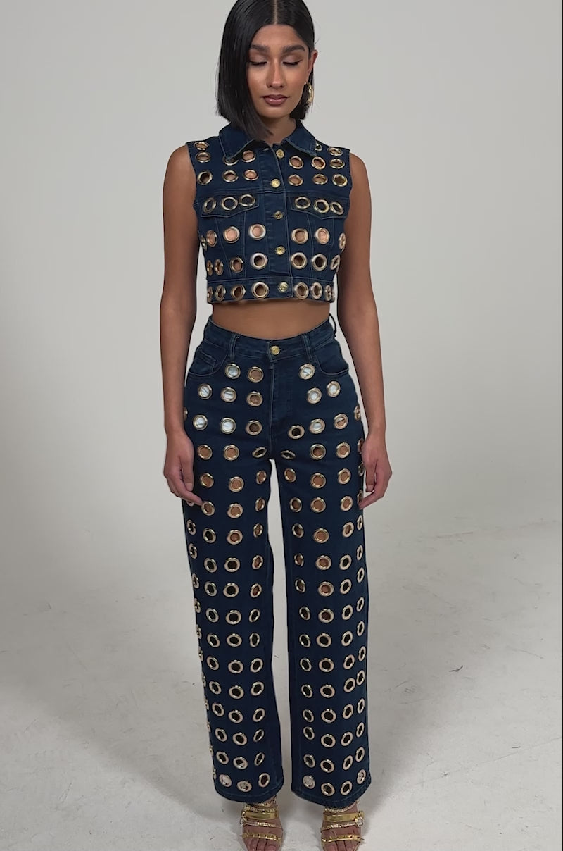 A video of a woman in SEE THROUGH ME WIDE LEG DENIM.