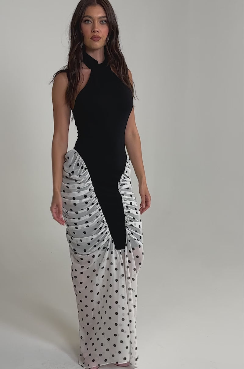 OUT FOR THE NIGHT MOCK NECK MAXI DRESS IN POLKA DOT  AKIRA