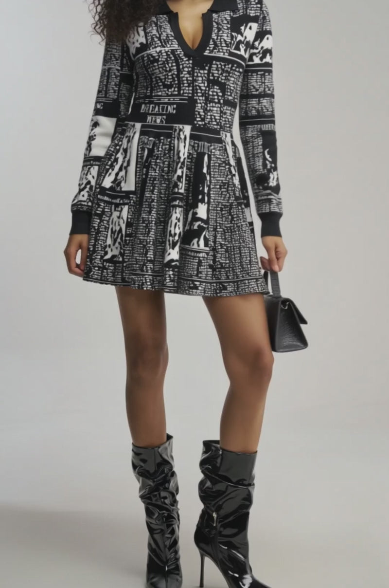 Video of woman modeling the READ ALL ABOUT IT KNIT MINI DRESS featuring an eye-catching newspaper print.