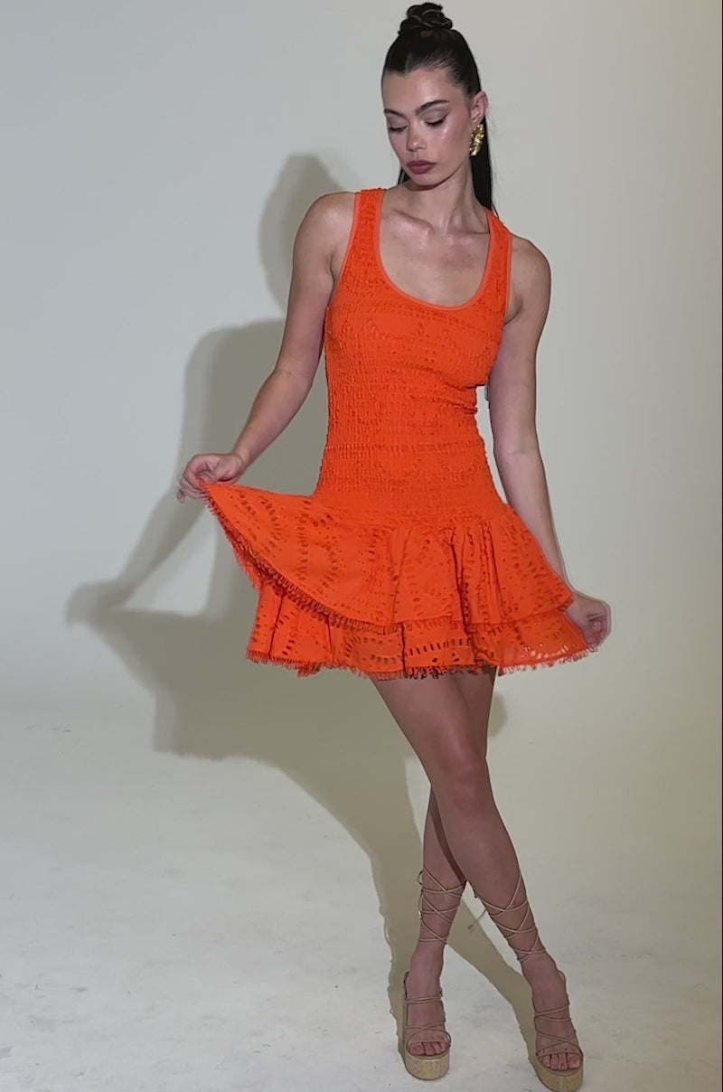 orange ruffle mini dress LET'S GO TO THE BEACH RUFFLE MINI DRESS IN ORANGE – AKIRA