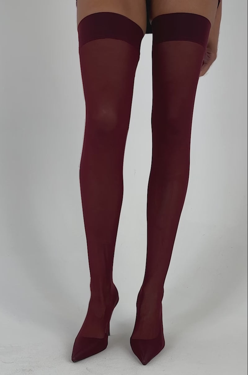 Video of a woman modeling the AZALEA WANG TATIENNE BURGUNDY MESH STILETTO BOOT.