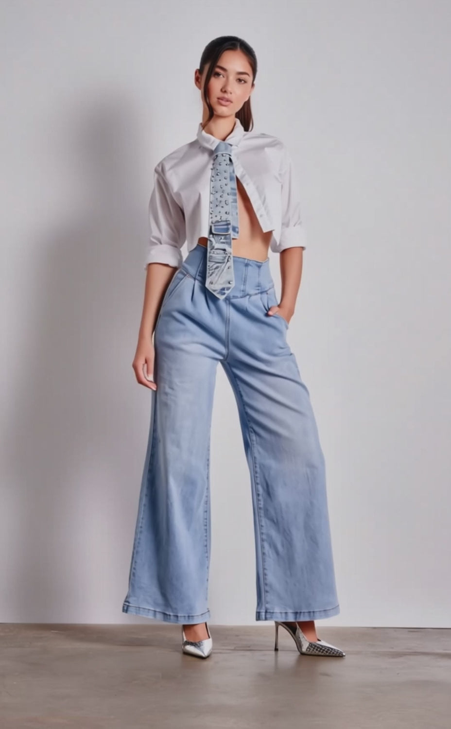 A video of a woman in the JENNY WIDE LEG DENIM jeans, paired with a white cropped button-up shirt, patterned necktie, and pointed-toe heels.