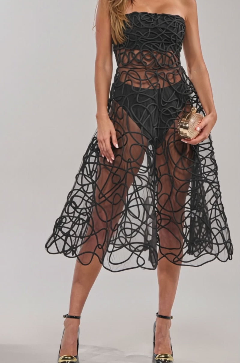 Video of woman modeling the MAYRA ABSTRACT MIDI DRESS—a sheer black dress with swirling patterns—paired with black heels and a small clutch, standing against a plain light background.  