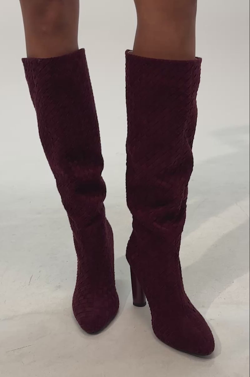 Video of woman modeling the AZALEA WANG JUDY PLUM WOVEN FAUX SUEDE BOOT—textured, knee-high, with a chunky heel