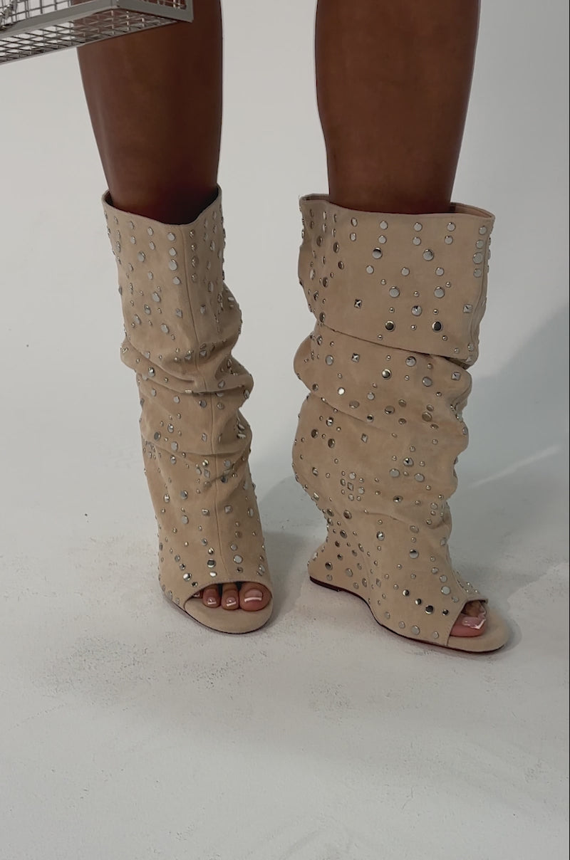Video of woman modeling the AZALEA WANG NAOMANI FAUX SUEDE BEIGE STUDDED OPEN TOE HEELS with silver studs 