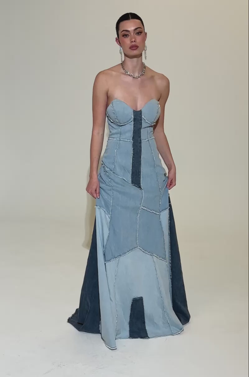 IT'S BRITNEY PATCHWORK DENIM MAXI DRESS – AKIRA
