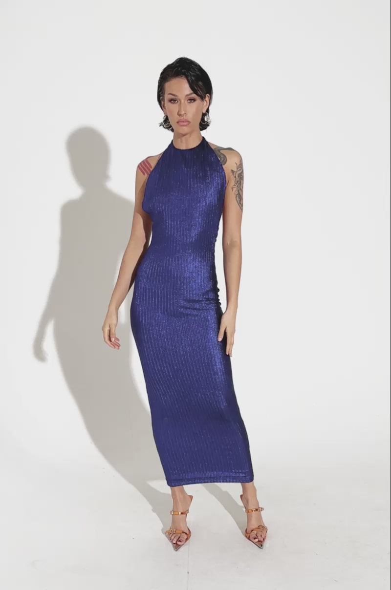 blue knit maxi dress Alivya Asymmetric Neckline Knit Maxi Dress Blue main image 1
