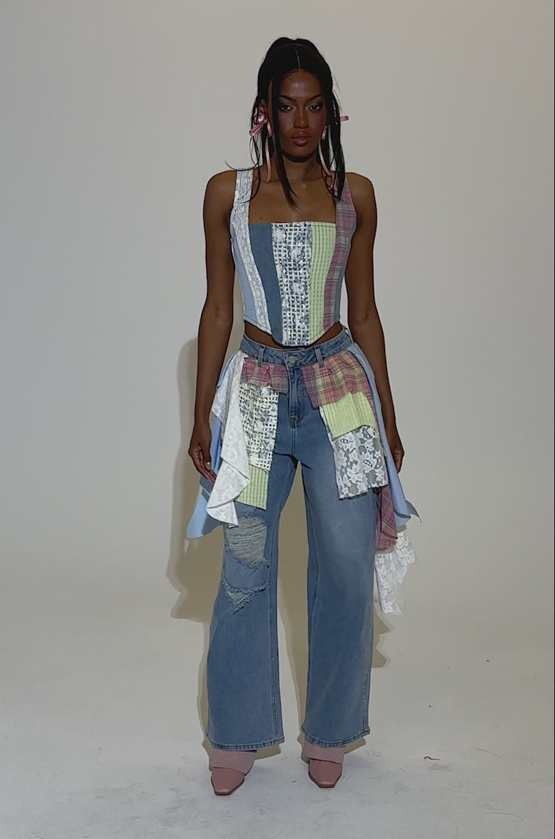 LET THE FUN BEGIN DENIM PANT WITH PLAID DETAILS – AKIRA