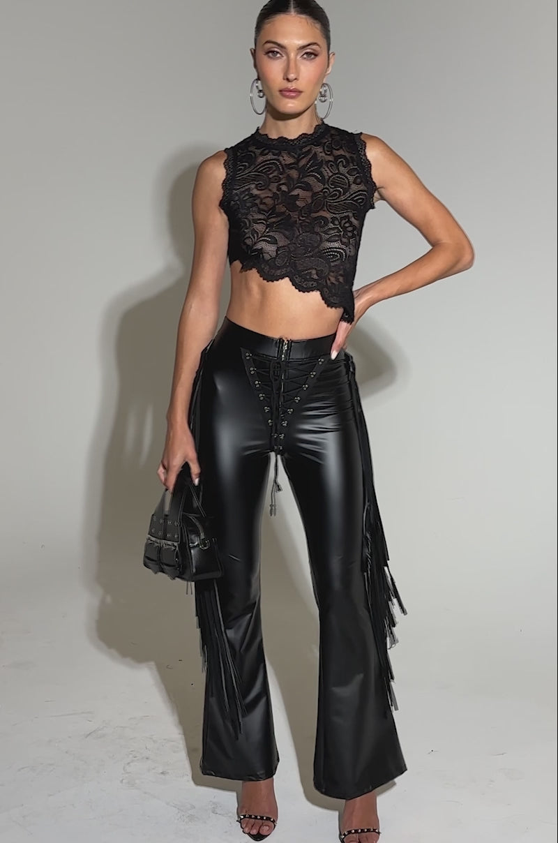 SHOW TIME FAUX LEATHER FLARE PANT WITH LACE UP – AKIRA