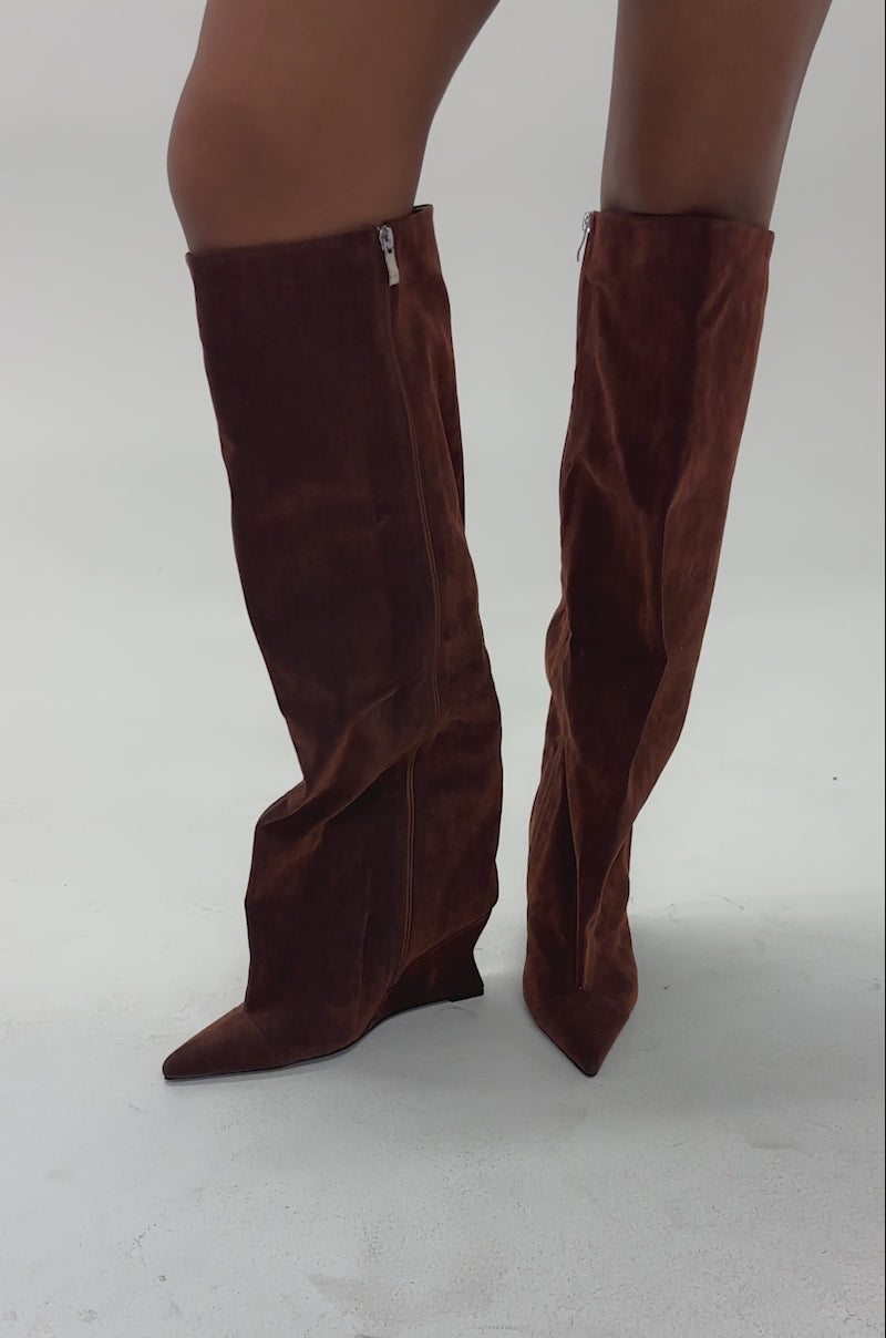 Video of woman modeling the AZALEA WANG KENYA BURNT ORANGE VELVET KNEE HIGH WEDGE BOOT