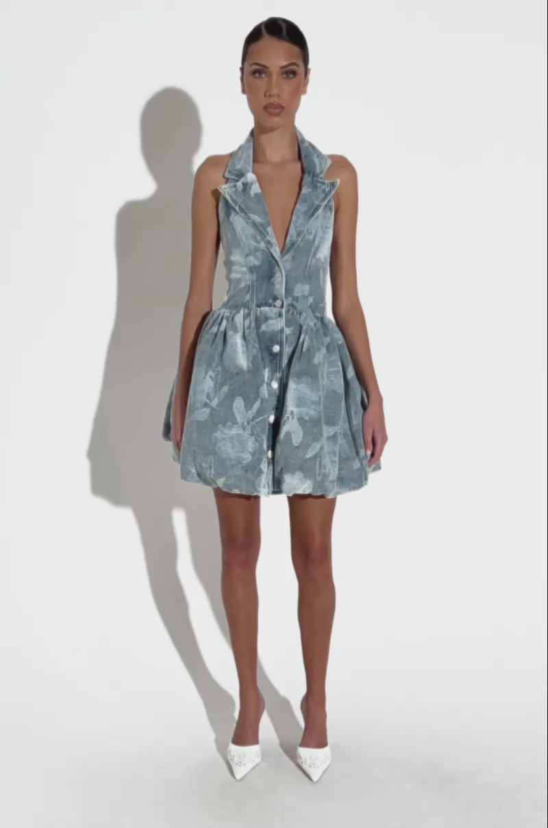daisy print mini dress DAISY PRINTED DENIM MINI DRESS – AKIRA
