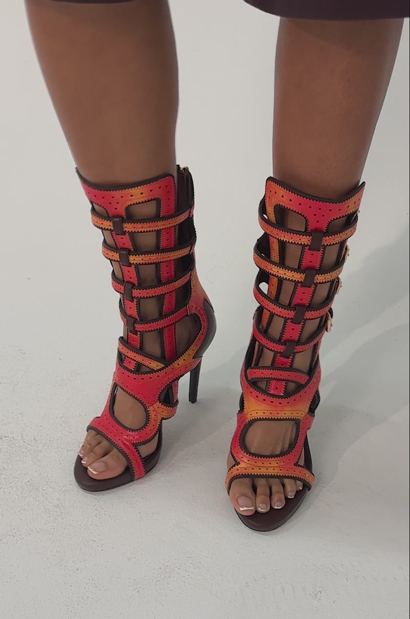 AKIRA GOLD FEVER ORANGE MULTI OMBRE OPEN TOE BOOTIE