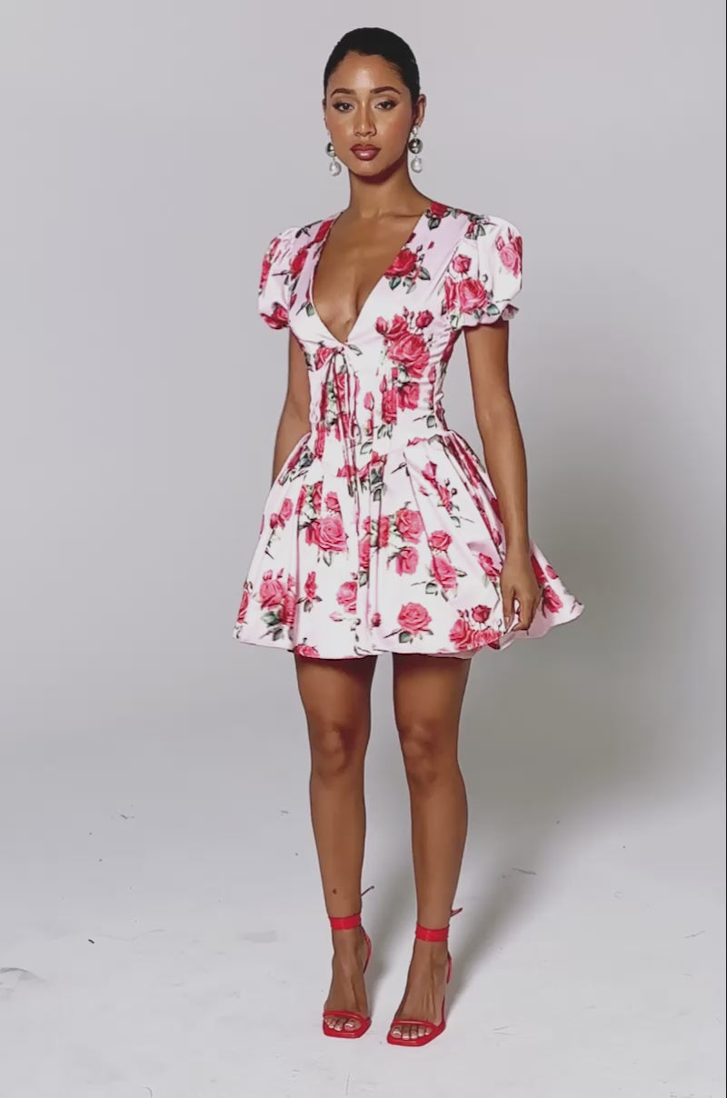 rose mini dress Milla Women's Romantic Ruffled Pink With Appliques layers of tulle peek through Camille Satin Mini Dress -