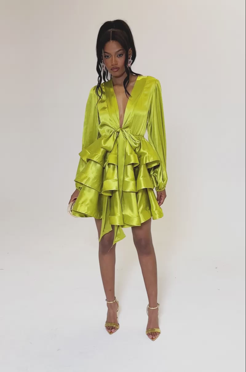 ARIANA SATIN RUFFLED MINI DRESS IN GREEN – AKIRA