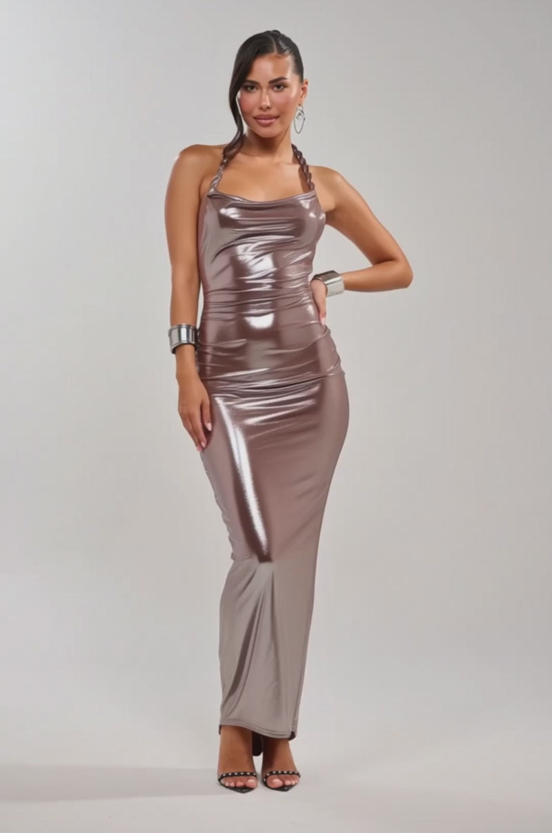 AKIRA Athena Metallic Halter Neck Maxi Dress | Brown