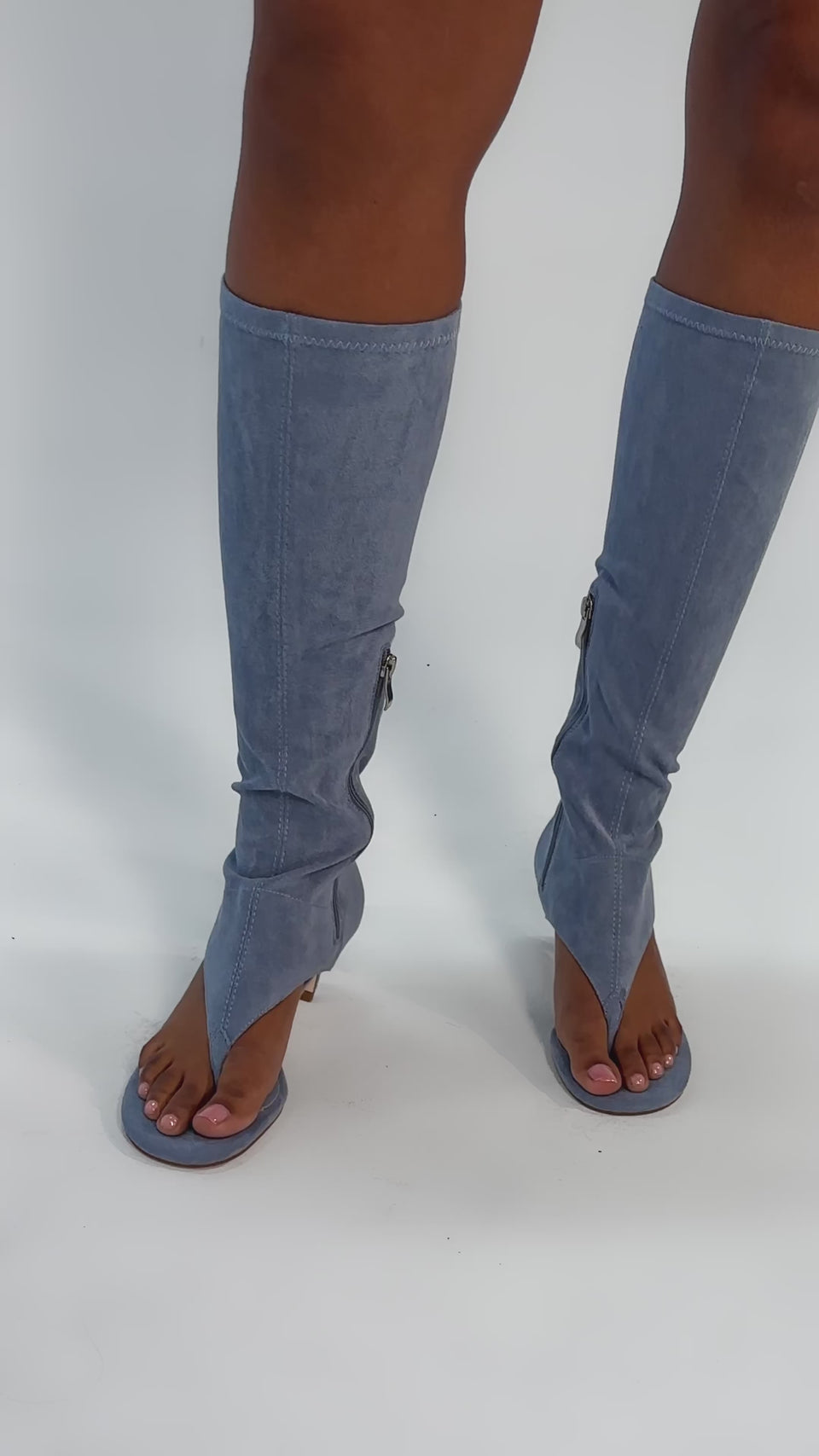 Video of woman modeling the AZALEA WANG CECILE LIGHT BLUE FAUX SUEDE SANDAL against a plain background.