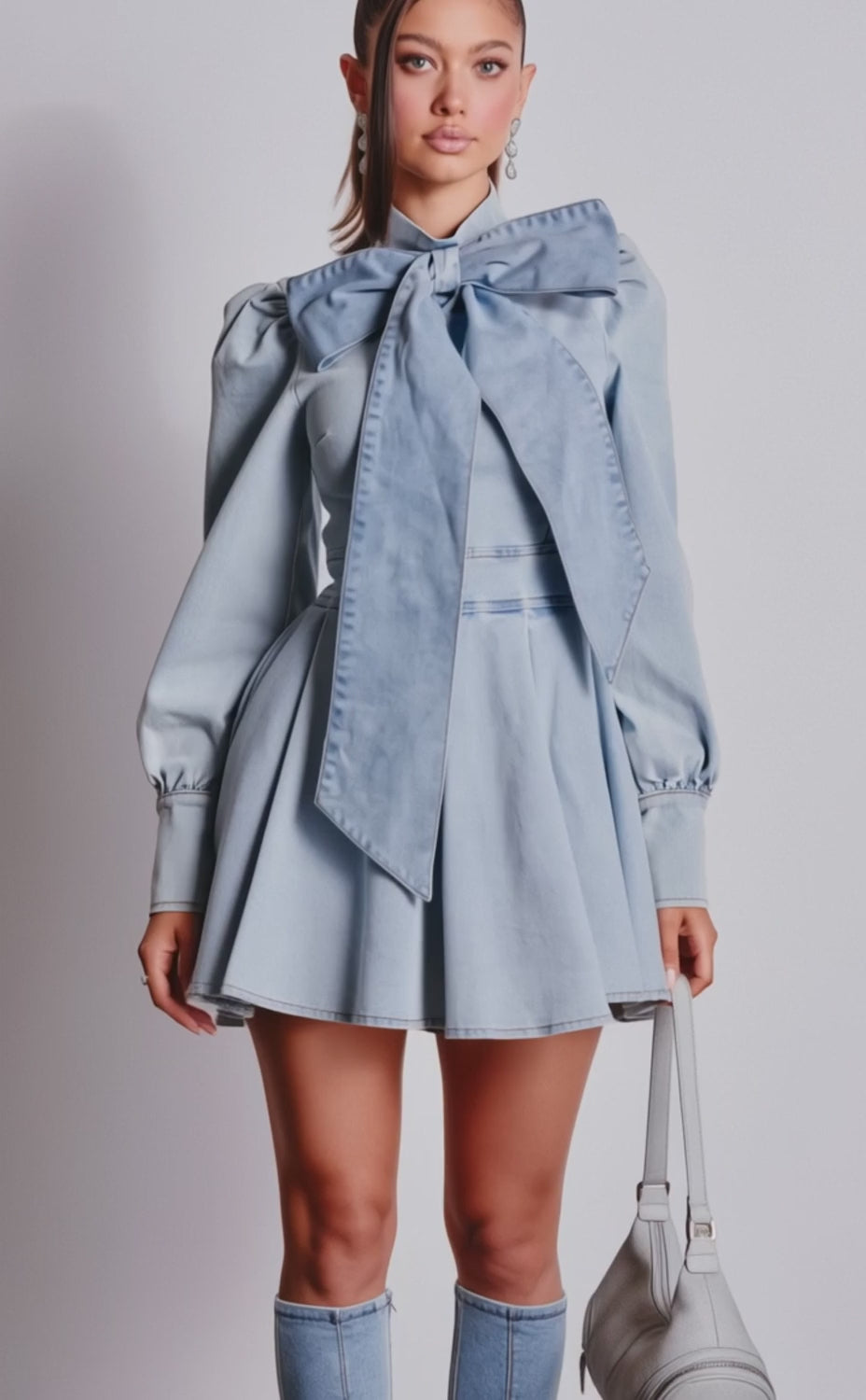 A video of a woman wearing the CAROLINA DENIM BOW MINI DRESS with a large bow, pleated hem, matching knee-high denim boots, silver heels, and holding a small denim handbag.