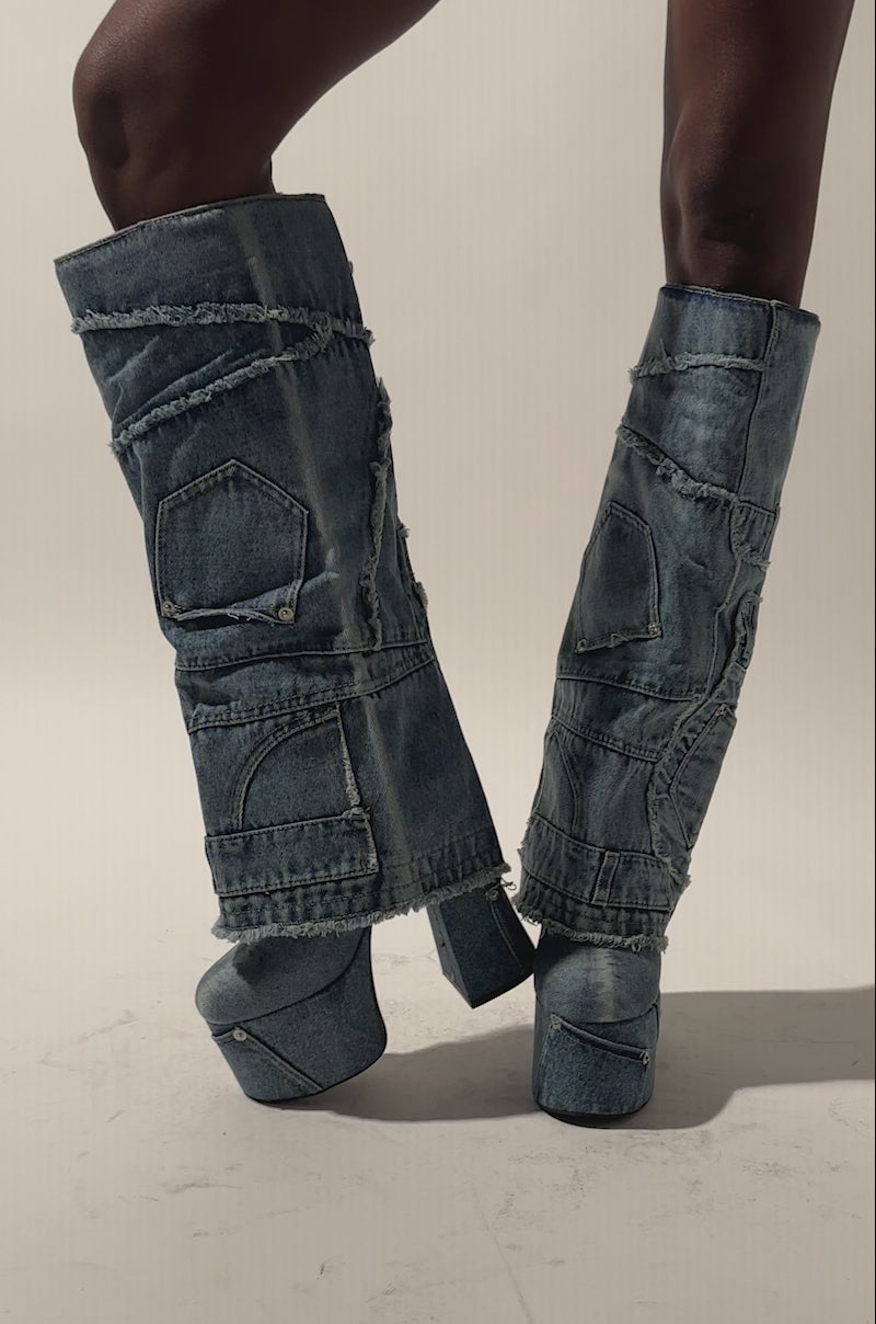 AZALEA WANG DUMI DENIM CHUNKY PATCHWORK BOOT – AKIRA