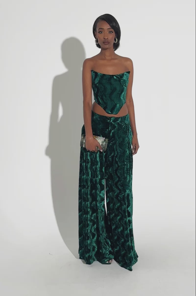 GREEN WITH ENVY VELVET WIDE LEG TROUSER – AKIRA