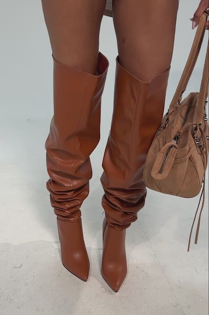 Video of woman modeling the AZALEA WANG BOMBSHELL RUST STILETTO THIGH HIGH BOOT