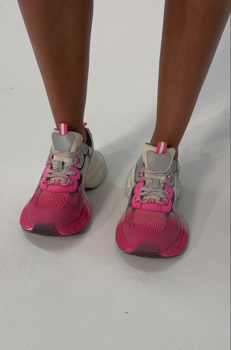 Video of woman modeling the AZALEA WANG PSI PINK LACE SNEAKER—chunky platform shoes—for a cool athleisure vibe.