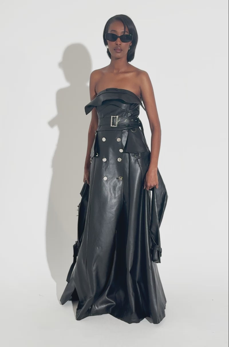 STRAPLESS TRENCH MAXI DRESS IN PU – AKIRA