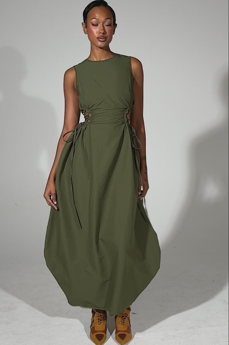 ALINA LACE UP DETAIL MAXI DRESS IN OLIVE – AKIRA