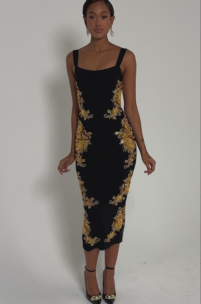 slim fit dress slacks Farm Rio Black Flowerful Garden Midi Dress, Snake Garden Black / Xs