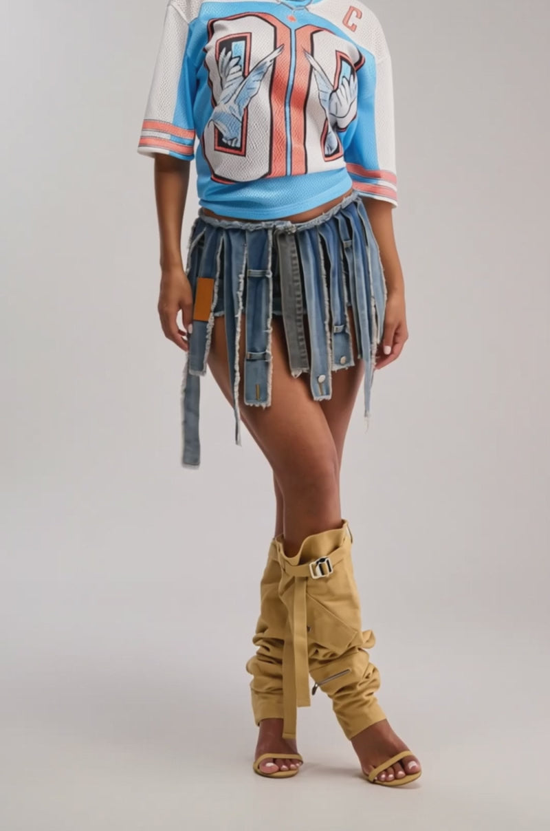 Video of woman modeling the STRIPPED DENIM SKIRT 
