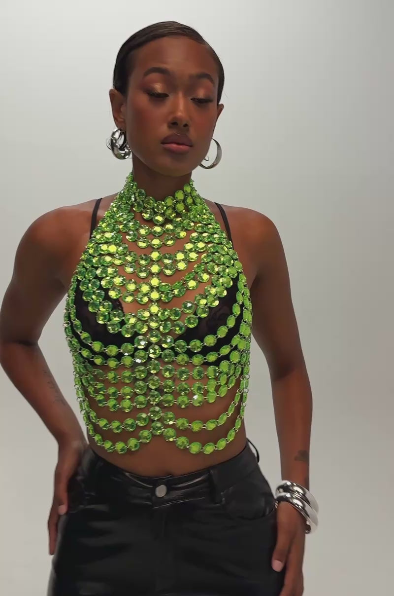 Video of a woman modeling the VENOM LUXE RHINESTONE TOP IN LIME GREEN.