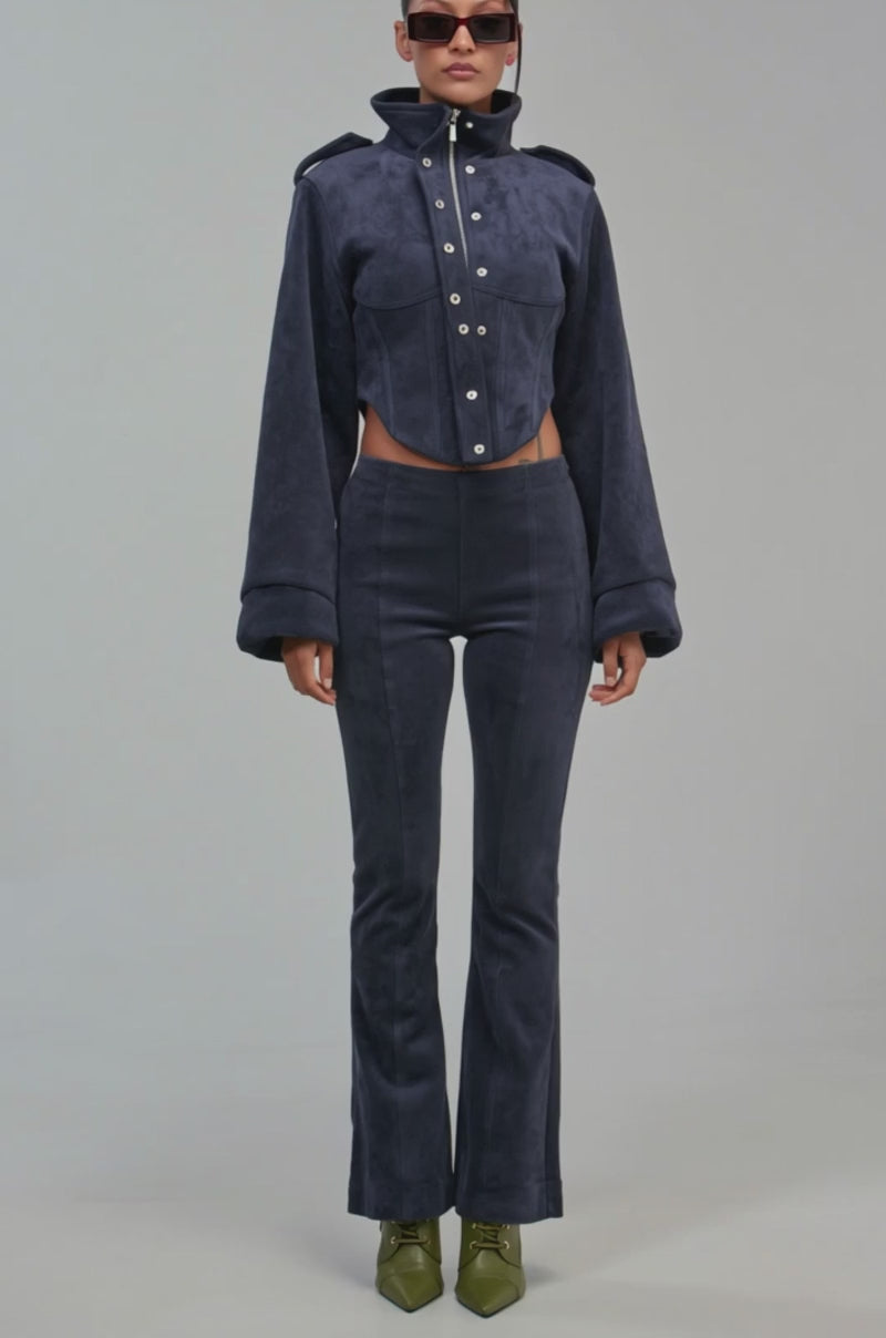 Video of a woman modeling the KAIA FAUX SUEDE MOTO IN NAVY.