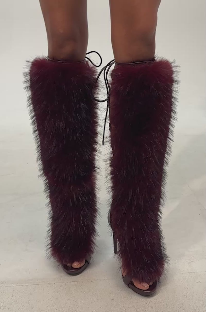 Video of woman modeling the AZALEA WANG STAMOS MERLOT STILETTO SANDAL WITH FUR