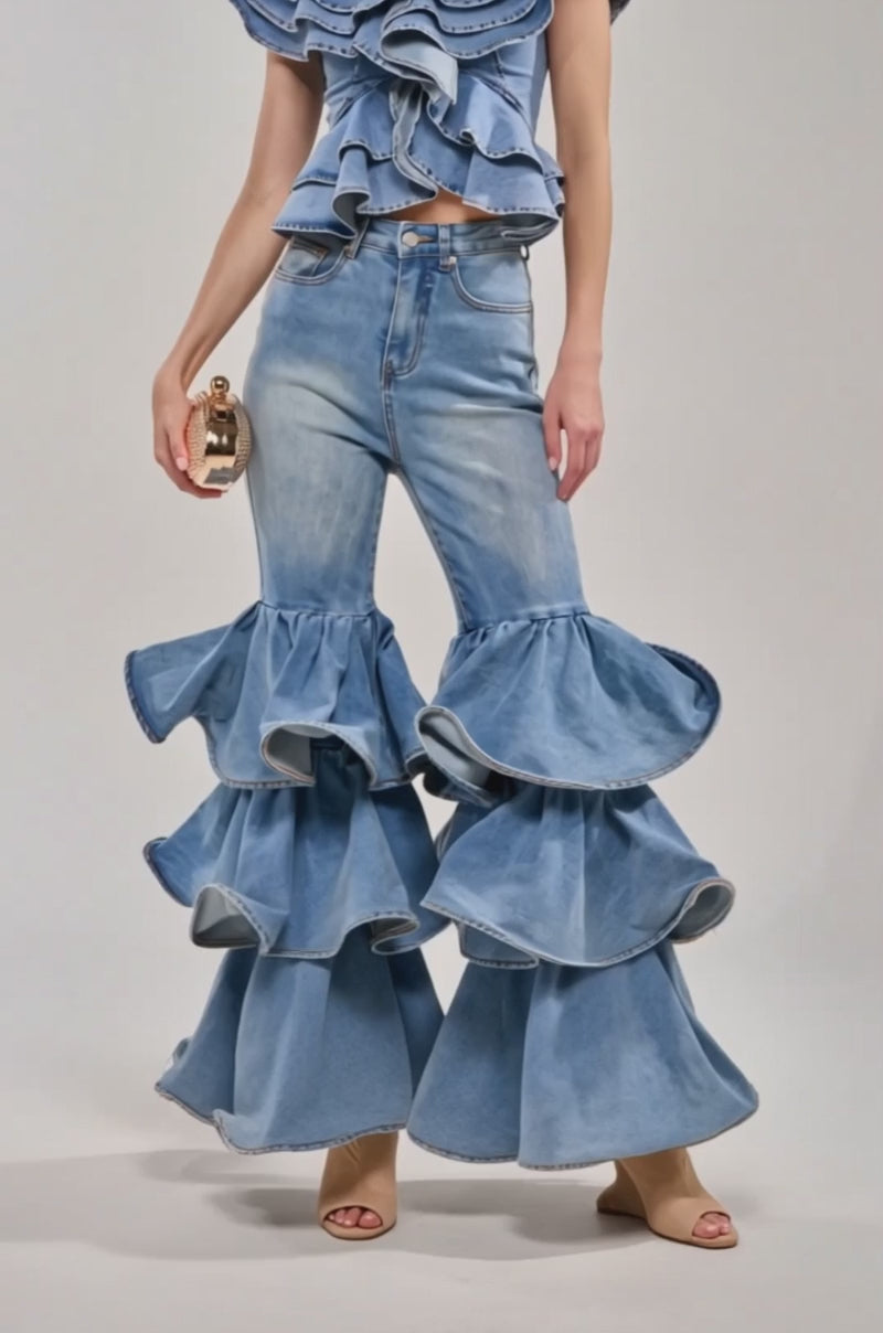 Video of a woman modeling the RUFFLE CITY DENIM