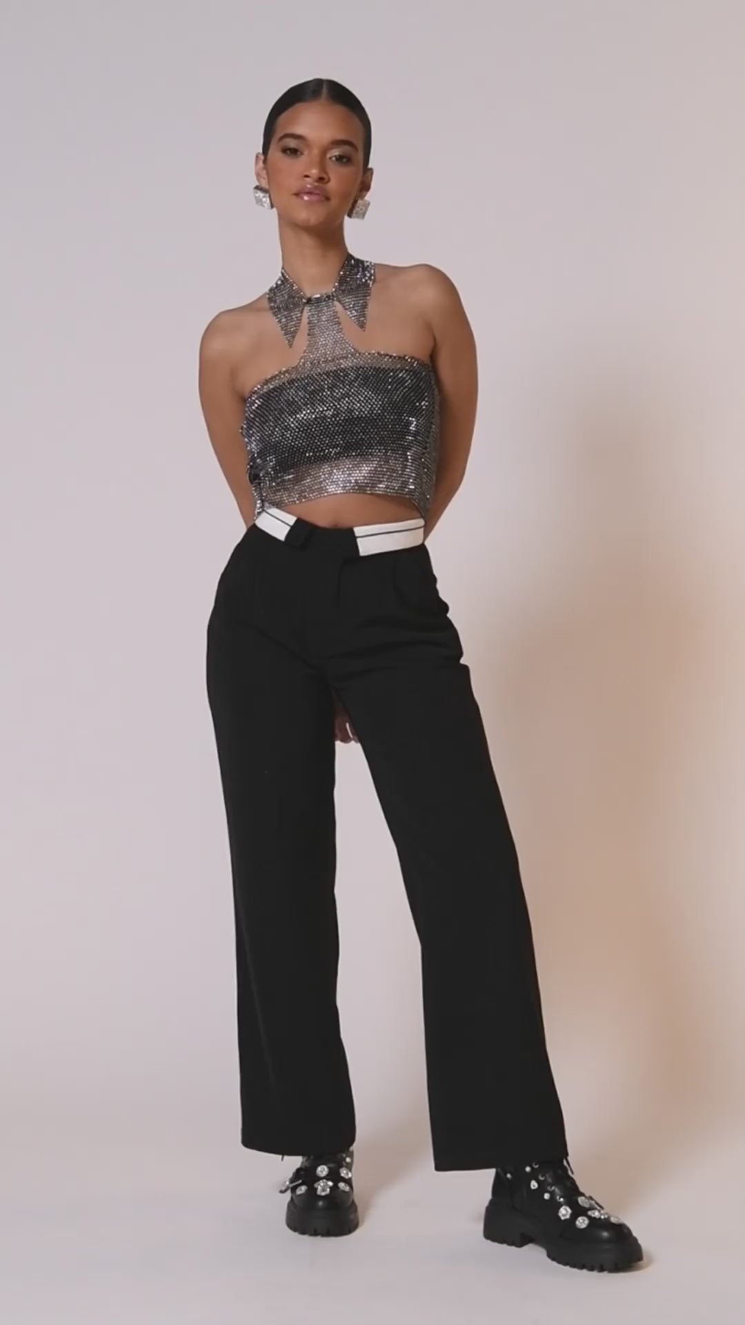 STAY CONNECTED COLLARED RHINESTONE MESH CROP TOP – AKIRA