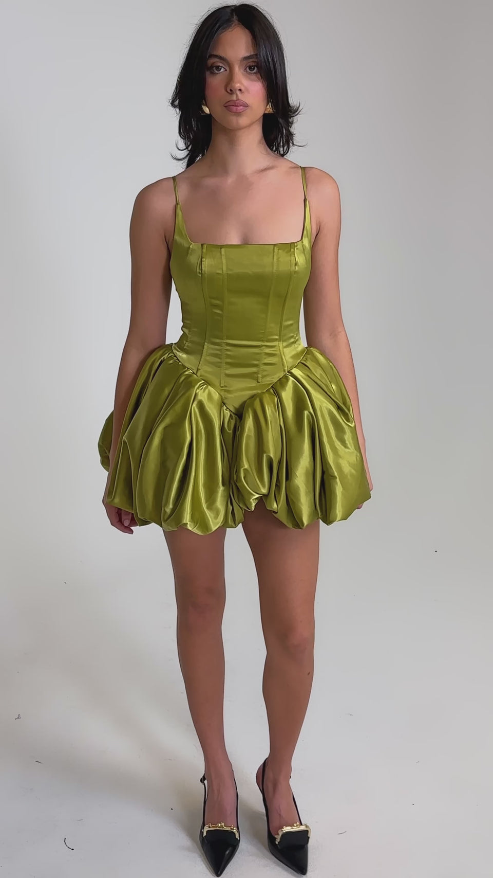 light green silk mini dress Puff-Sleeve Sheath Dress