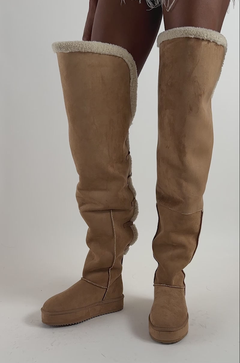 AZALEA WANG SHEA CHESTNUT FAUX SUEDE SHEARLING THIGH HIGH FLAT