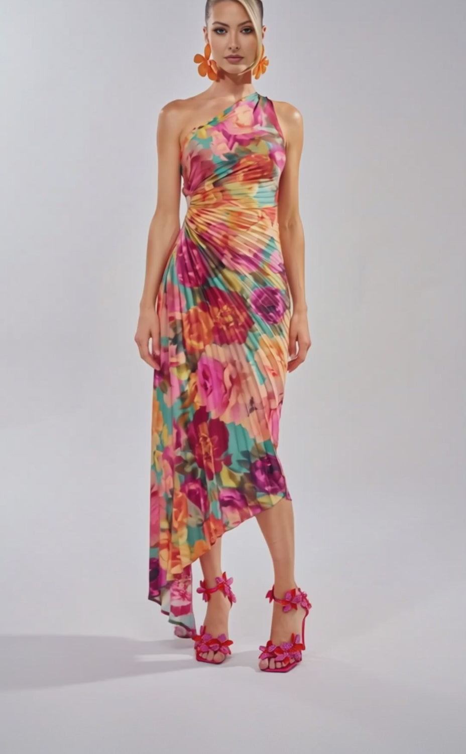 A video of a woman wearing the GARDEN FLORAL PLEATED MIDI DRESS—an abstract floral one-shoulder midi with pleats and an asymmetrical hem—paired with orange flower earrings and pink floral heels.