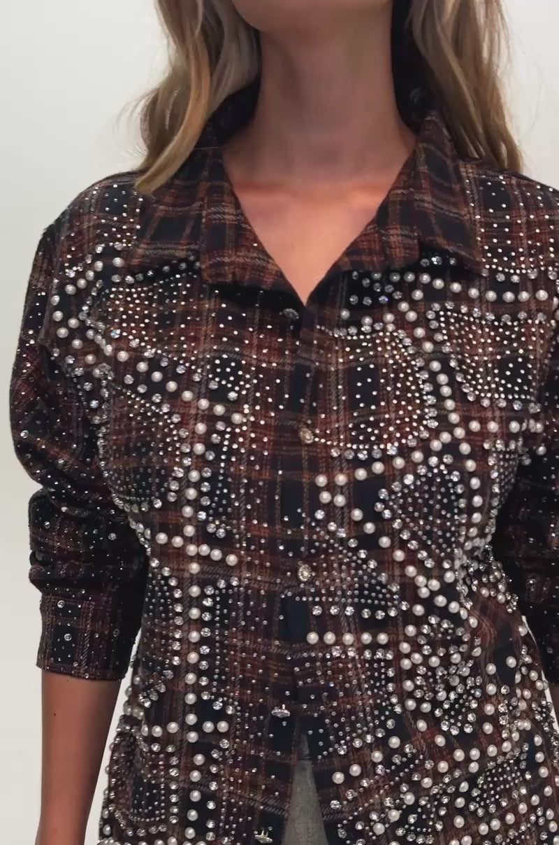 Video of a woman modeling the NOT LIKE THE REST EMBELLISHED FLANNEL BUTTONDOWN with silver studs.