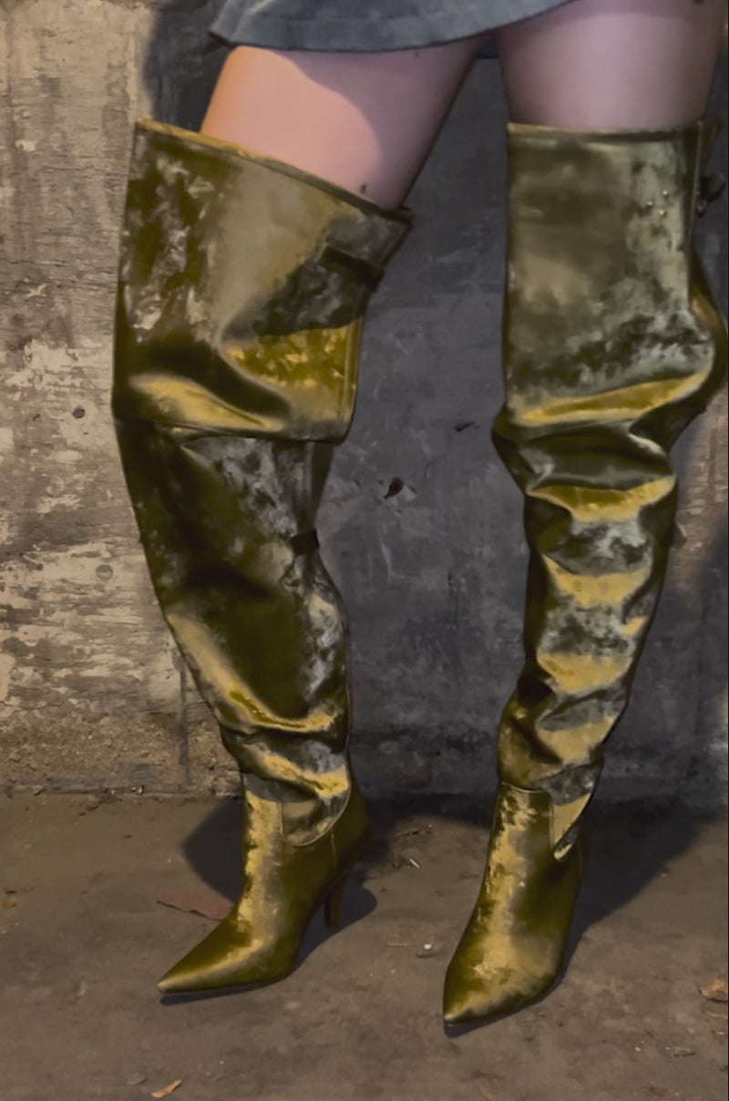 Video of person showing off the AZALEA WANG BACKER KHAKI SHINE OVER THE KNEE BOOTS from all angles