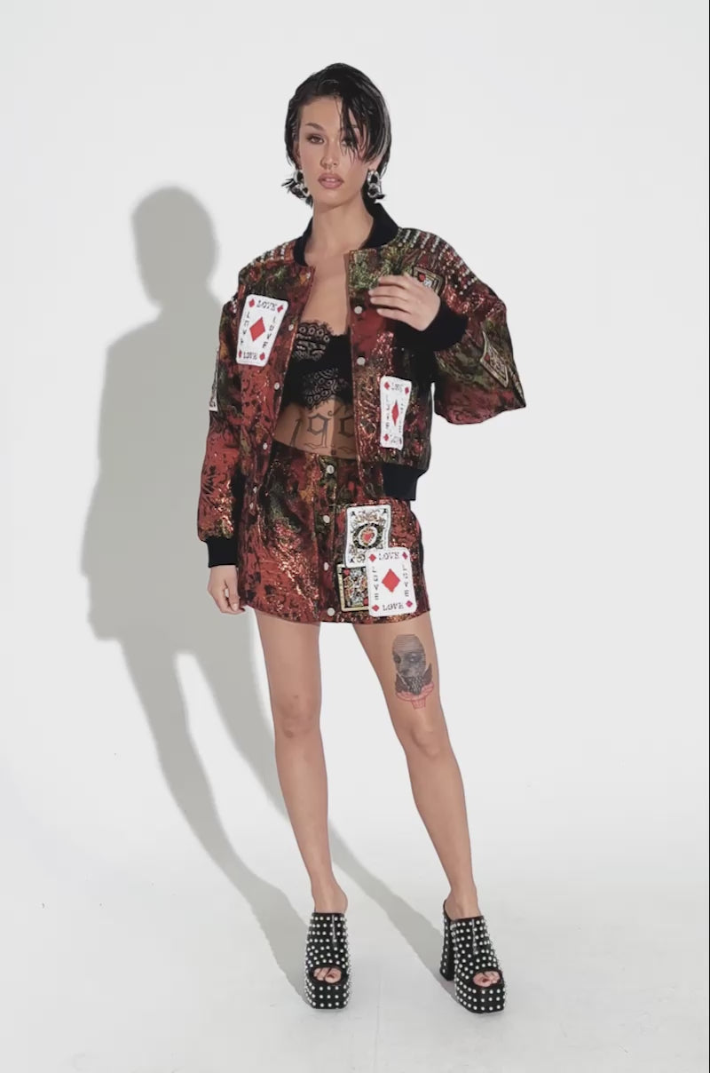 SHOW YOUR CARDS BROCADE BOMBER – AKIRA