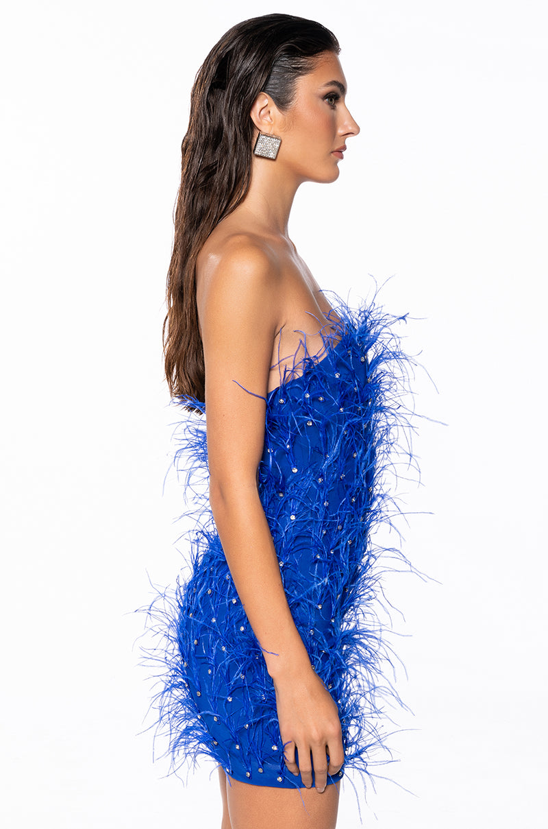 Back View Primrose Strapless Embellished Feather Mini Dress In Blue