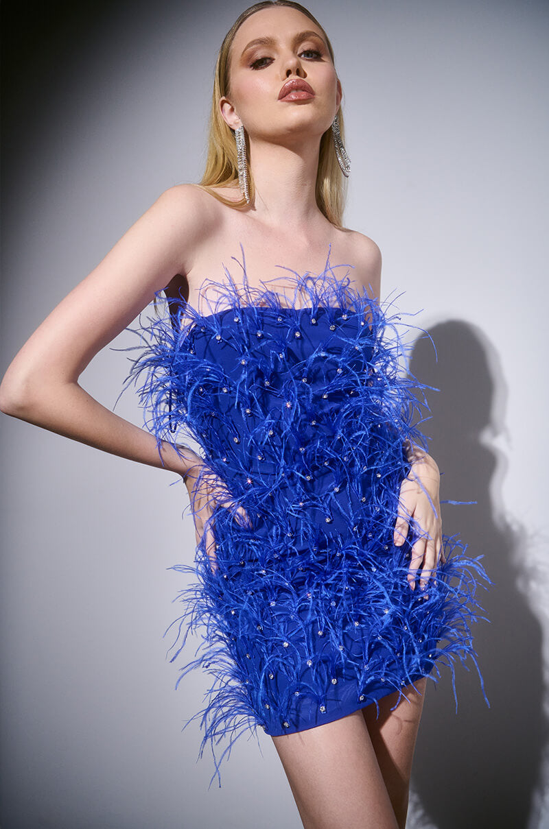 PRIMROSE STRAPLESS EMBELLISHED FEATHER MINI DRESS IN BLUE AKIRA PRIMROSE STRAPLESS EMBELLISHED FEATHER MINI DRESS IN BLUE AKIRA