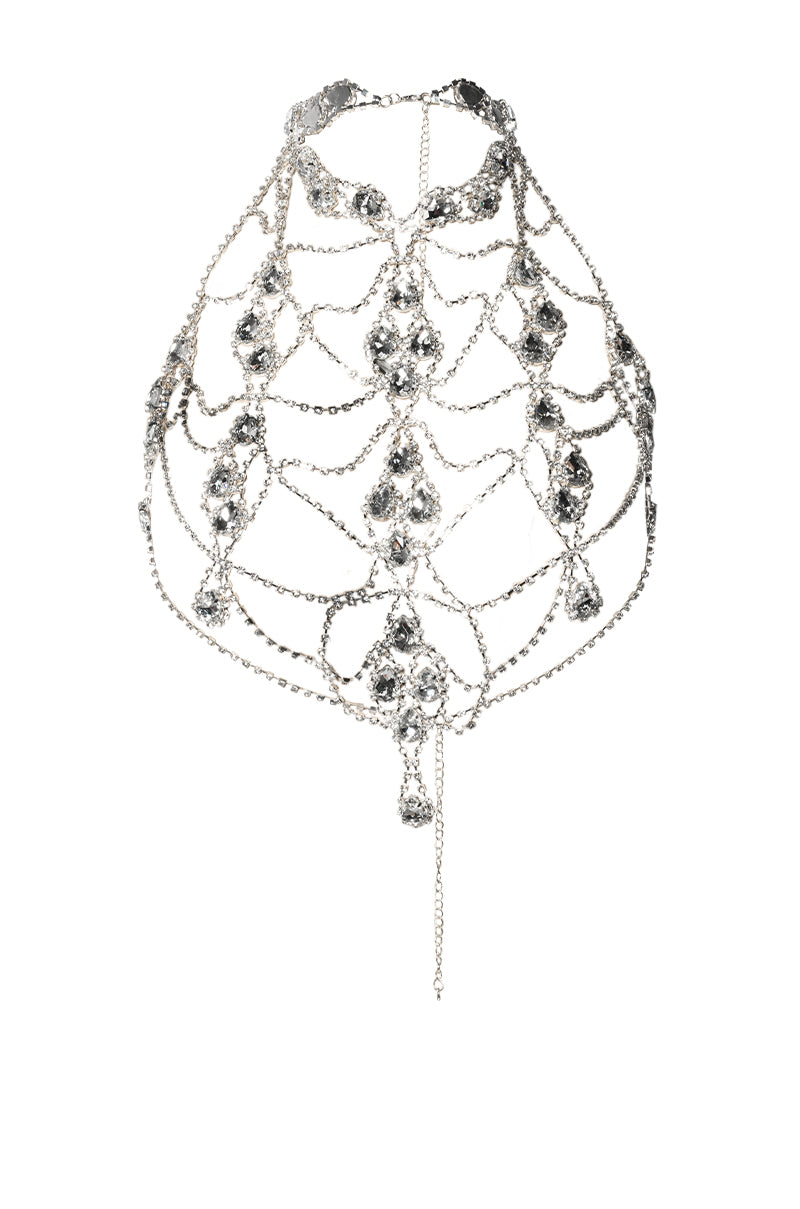 Front View Princess Treatment Rhinestone Body Chain In Silver