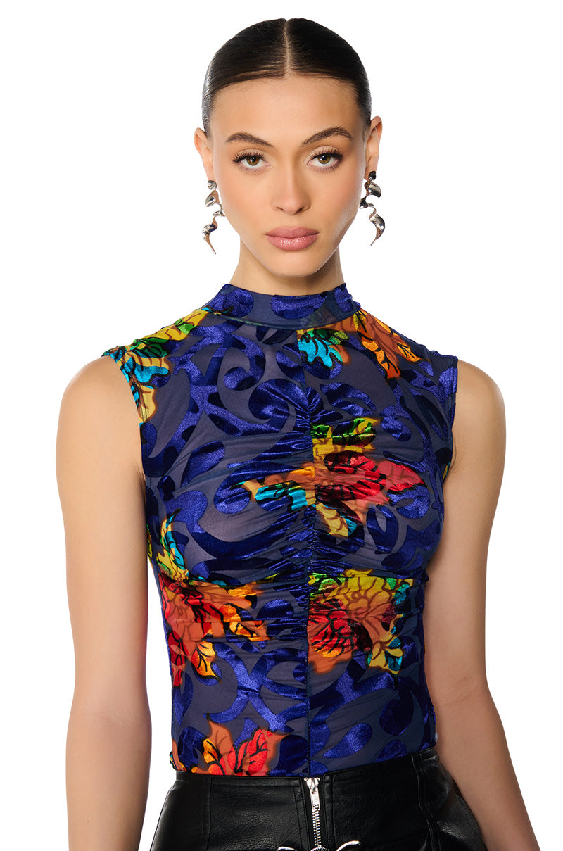 Front View Priyanka Paisley Burnout Bodysuit In Blue
