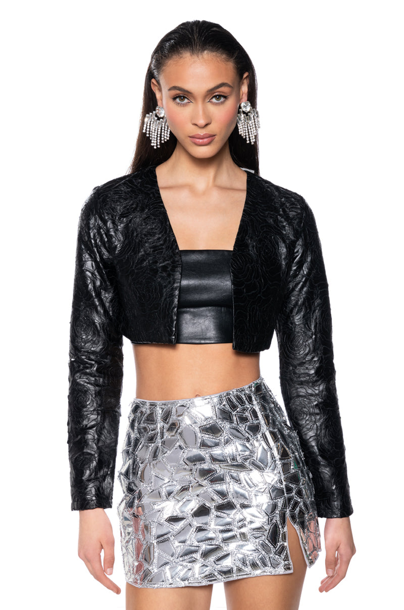 Front View Pu Floral Laser Cut Cover Jacket