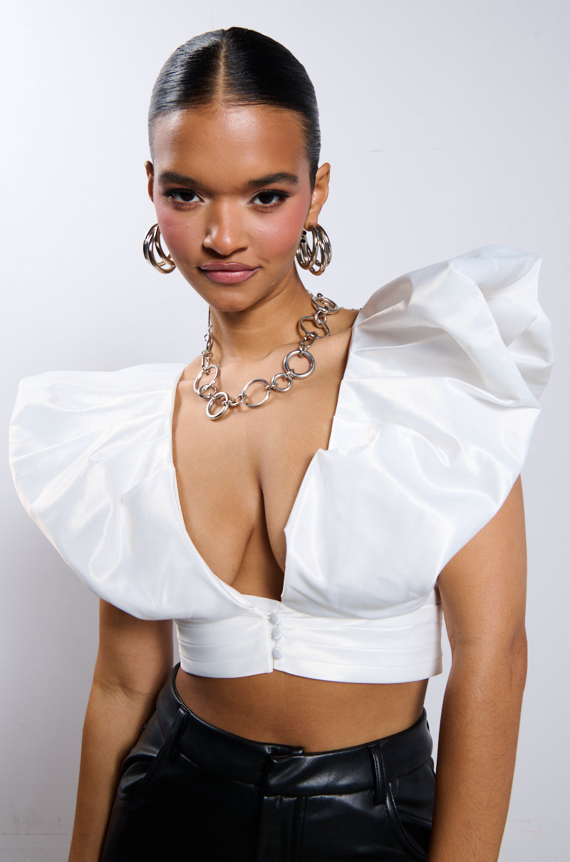 Front View Puff Shoulder Cropped Blouse In White