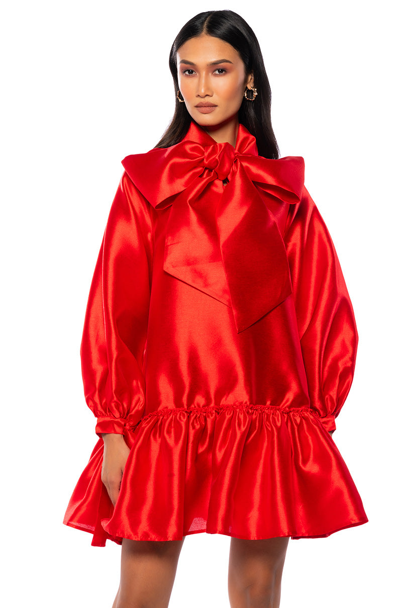 PUFF SLEEVE DROP WAIST MINI DRESS IN RED view 0