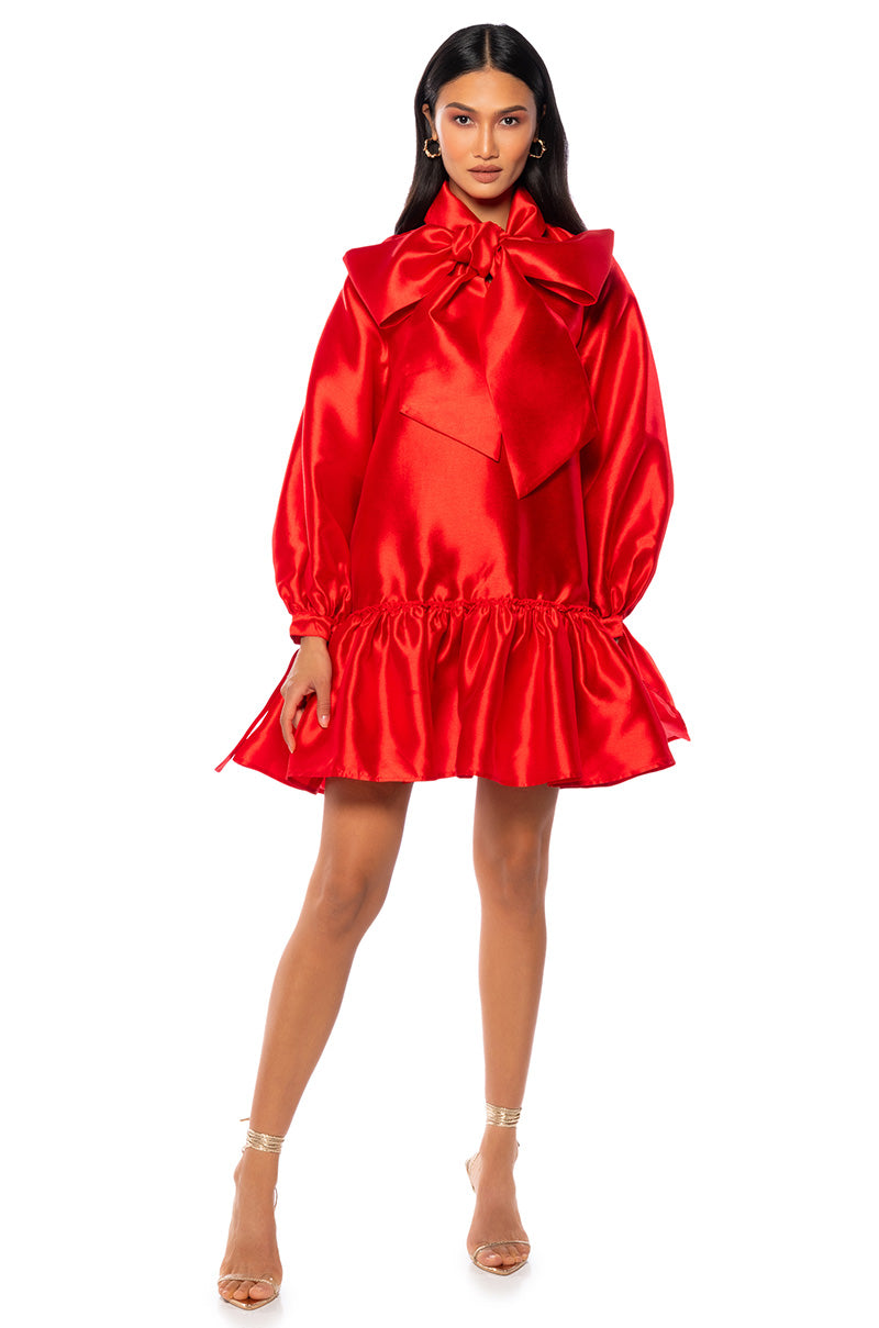 Side View Puff Sleeve Drop Waist Mini Dress In Red