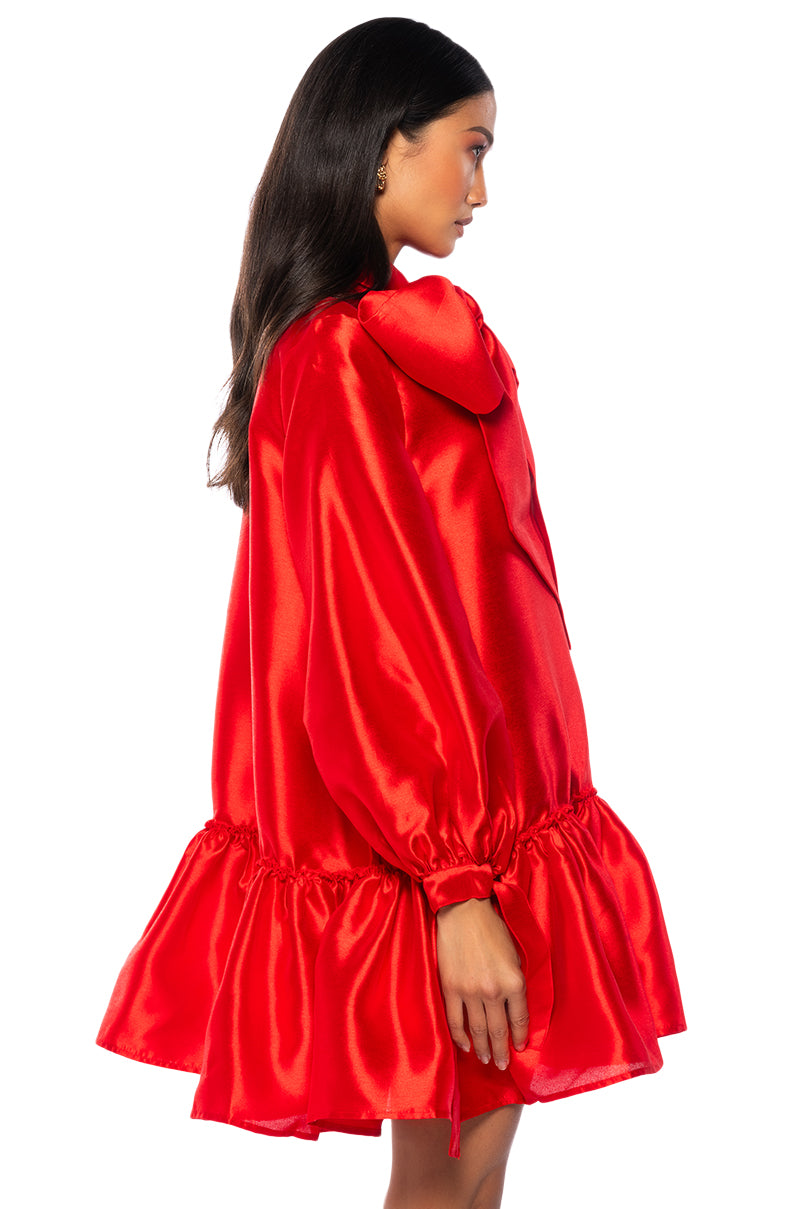 Back View Puff Sleeve Drop Waist Mini Dress In Red